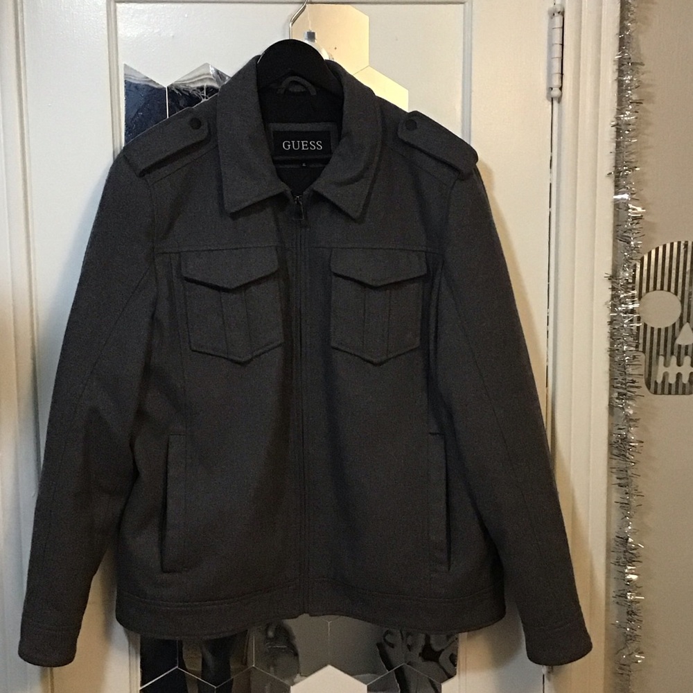 GUESS Charcoal Wool and Polyester Military Style Jacket